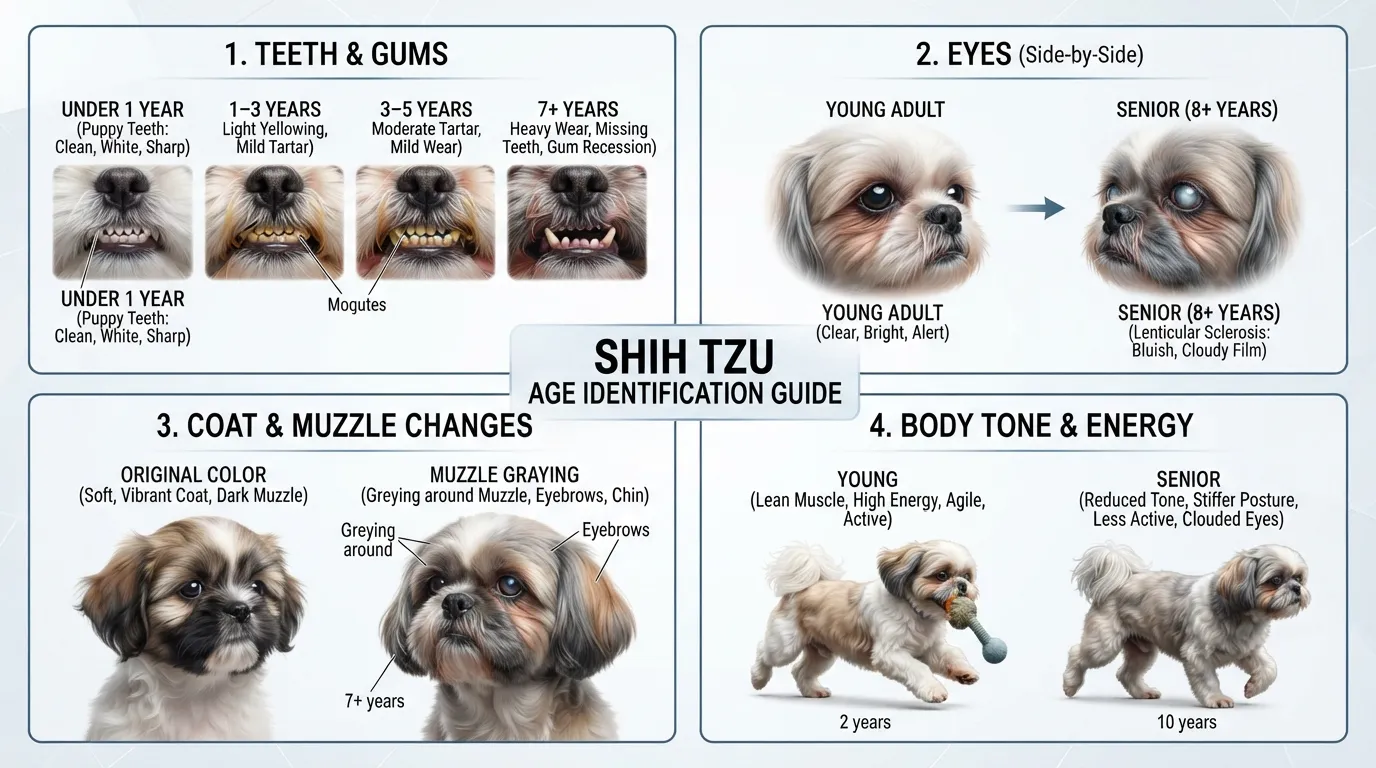 A detailed comparison chart showing how to estimate a Shih Tzu's age using teeth condition, coat texture, eye clarity, and energy level.