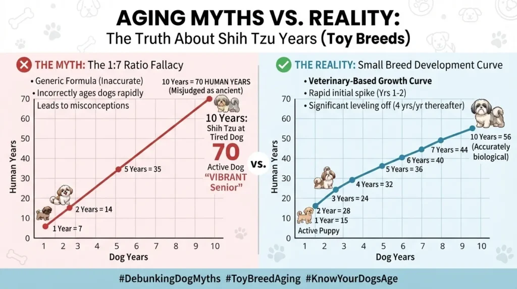 An infographic by Dog Ages Calculator titled 'Aging Myths vs. Reality: The Truth About Shih Tzu Years (Toy Breeds)'. It compares the linear 1:7 ratio myth, which incorrectly labels a 10-year-old dog as 70 human years, to the veterinary-based reality curve where a 10-year-old toy breed is actually 56 human years, showing they are a vibrant senior rather than ancient.