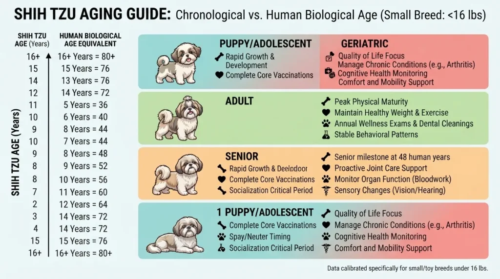 An educational infographic titled 'SHIH TZU AGING GUIDE' detailing the chronological vs. human biological age for small breeds under 16 lbs, highlighting Puppy, Adult, Senior, and Geriatric life stages.
