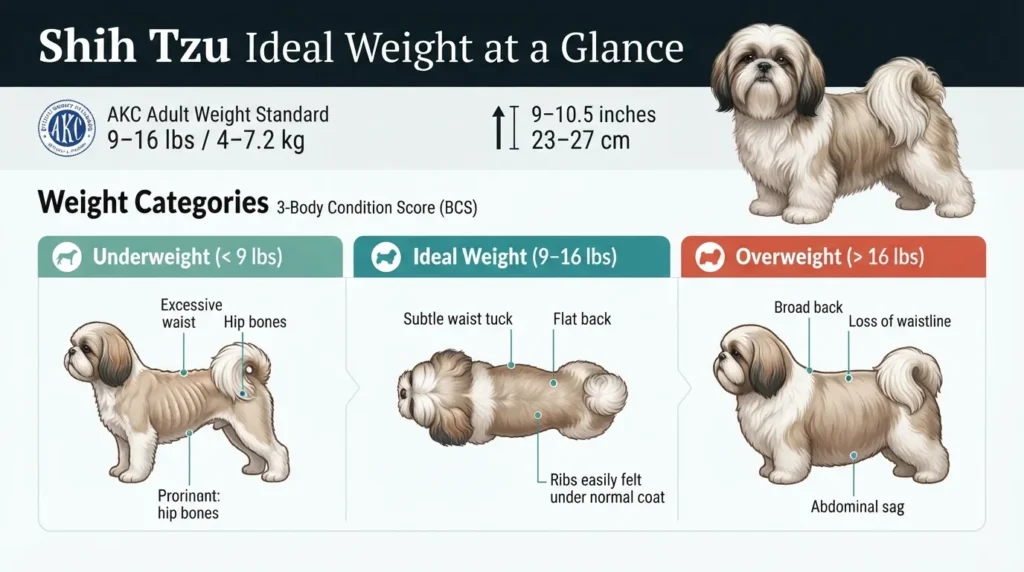 Infographic chart showing ideal Shih Tzu adult weight ranges, height standards, and body condition score visual indicators.