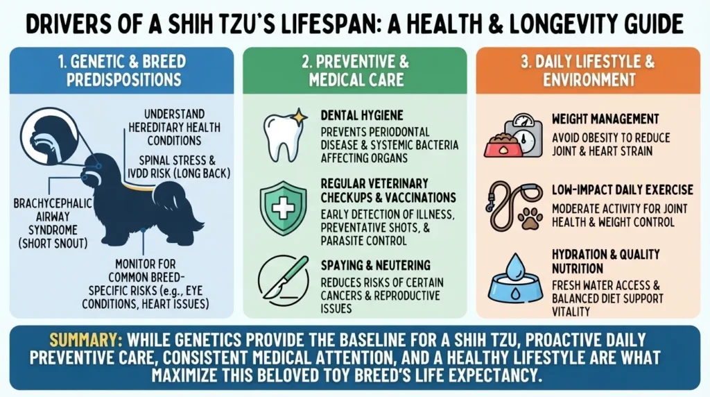 An informative infographic titled 'Drivers of a Shih Tzu's Lifespan: A Health & Longevity Guide' detailing genetic predispositions, preventive medical care, and daily lifestyle factors.