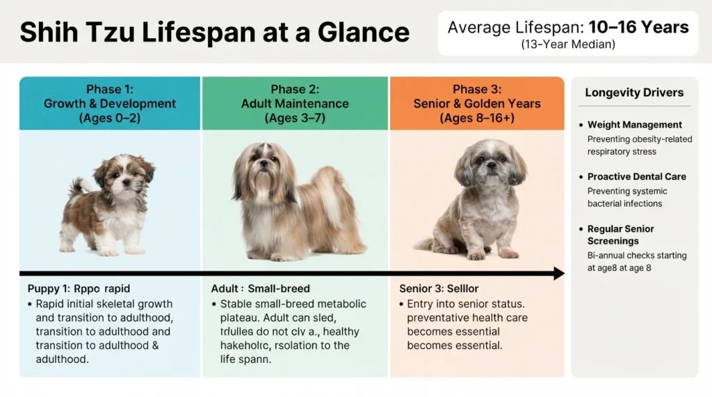 An informative infographic detailing the three key phases of a Shih Tzu's lifespan—growth, adult maintenance, and senior years—along with average lifespan stats and longevity drivers.