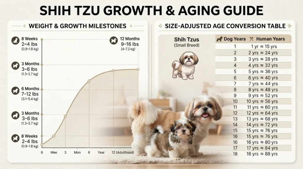 A comprehensive Shih Tzu weight chart by age from puppy to adult, comparing weight in pounds and kilograms alongside dog years to human years conversion.