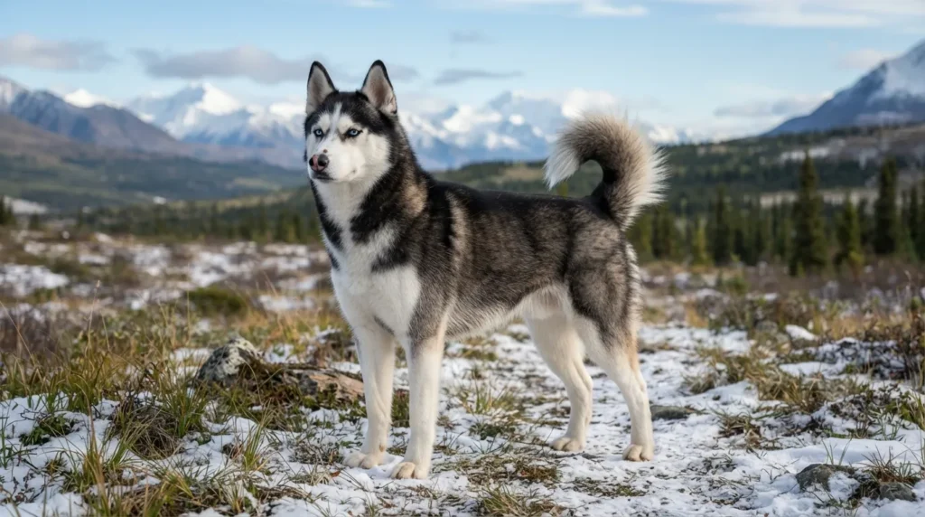 A purebred Siberian Husky standing outdoors showing its thick double coat, erect triangular ears, fox-like brush tail, and distinctive facial markings.