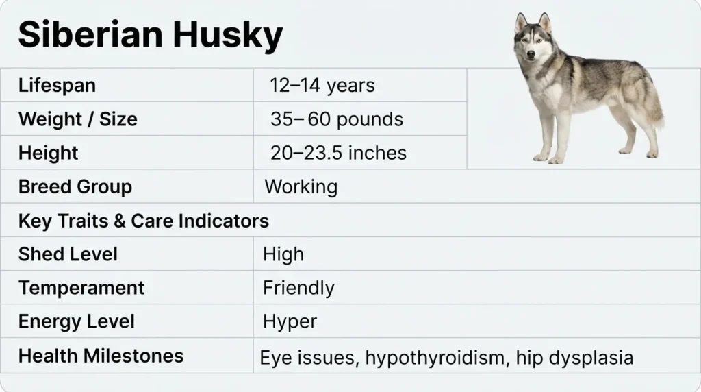 An infographic detailing Siberian Husky breed facts including a 12 to 14 year lifespan, 35 to 60 pounds weight range, high shedding level, friendly temperament, hyper energy, and common health milestones like hip dysplasia, pictured alongside a handsome Siberian Husky.