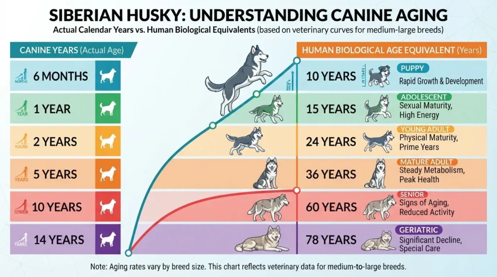 An educational infographic titled 'Siberian Husky: Understanding Canine Aging' comparing canine actual calendar years (6 months to 14 years) with human biological age equivalents (10 to 78 years) across life stages from puppy to geriatric.