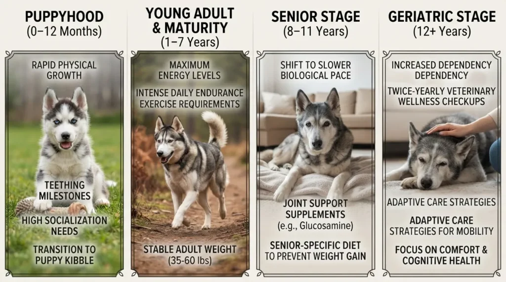 Infographic showing the four life stages of a Siberian Husky: Puppyhood (0-12 months), Young Adult & Maturity (1-7 years), Senior Stage (8-11 years), and Geriatric Stage (12+ years) with specific care tips for each.