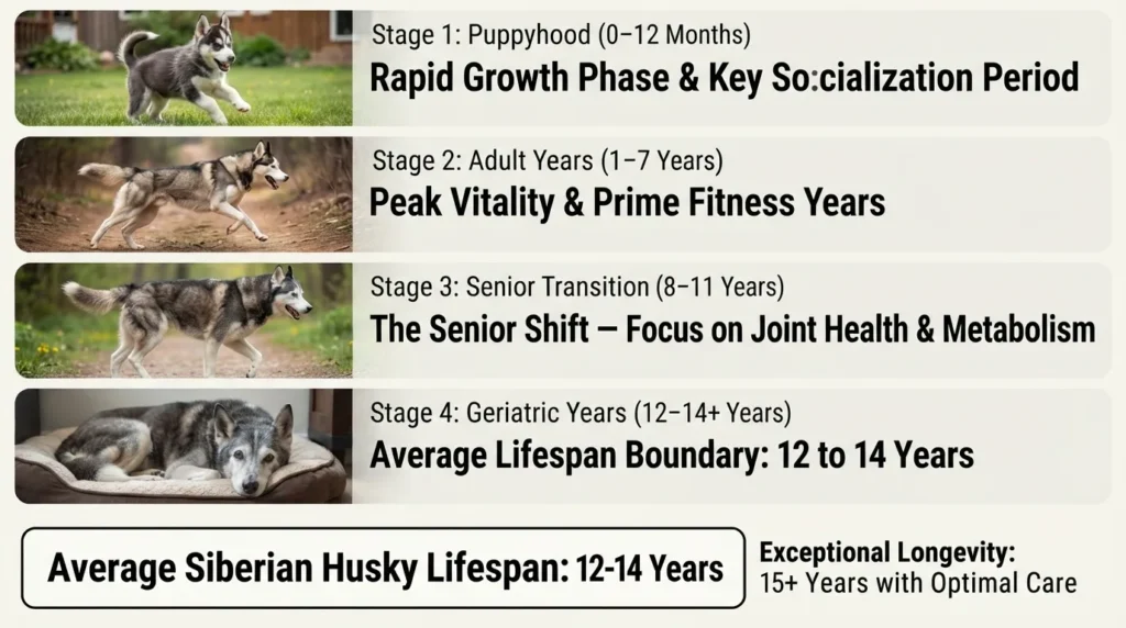 An infographic showing the four life stages of a Siberian Husky: puppyhood (0-12 months), adult years (1-7 years), senior transition (8-11 years), and geriatric years (12-14+ years) with photos of a Husky at each stage.