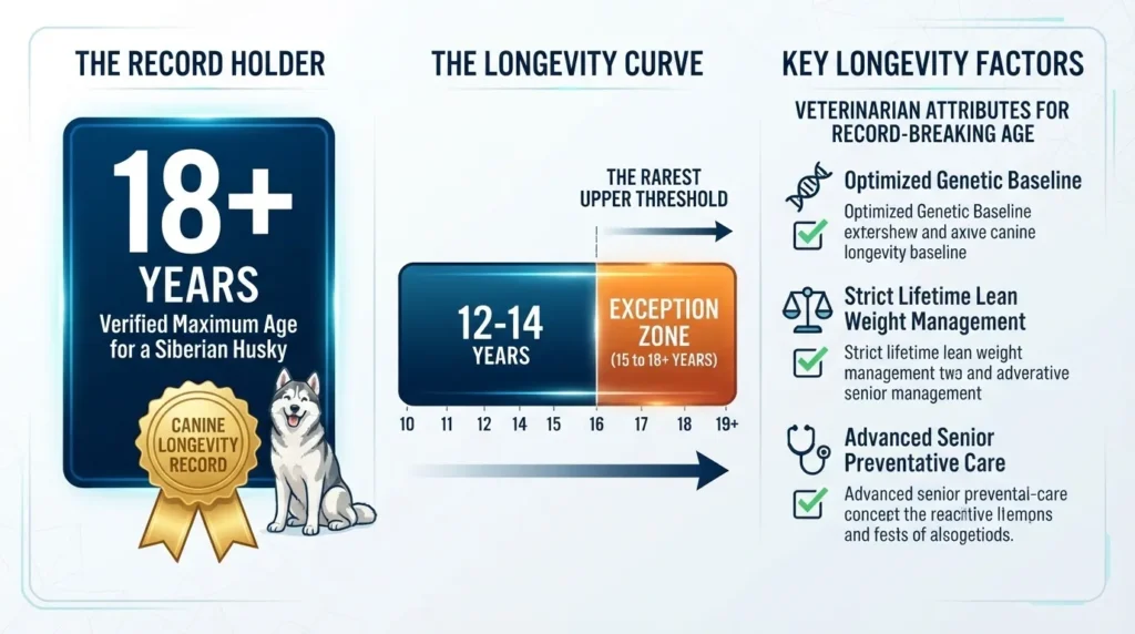 An educational infographic from Dog Ages Calculator detailing the longevity of Siberian Huskies, highlighting average vs exceptional lifespans up to 18+ years and listing key health factors.