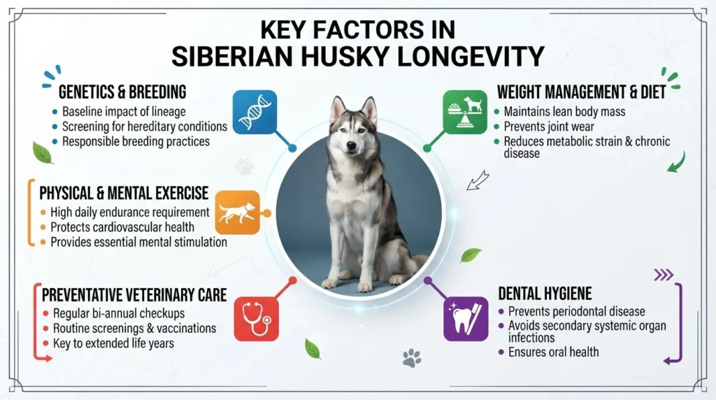 An educational infographic outlining key factors in Siberian Husky longevity, including genetics, weight management, physical exercise, preventative veterinary care, and dental hygiene, with a Siberian Husky pictured in the center.
