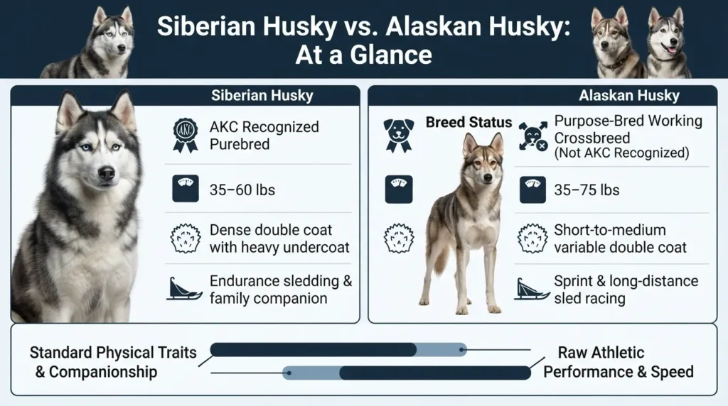 Side-by-side visual comparison matrix showing key physical and breed differences between the Siberian Husky and Alaskan Husky, including size, coat type, eye color, and AKC recognition status.