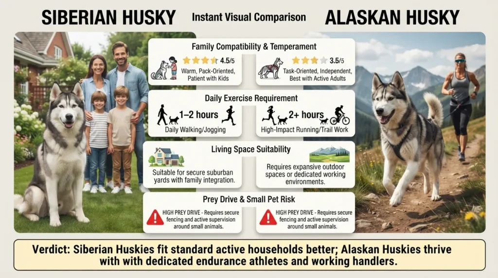 Side-by-side visual chart comparing a Siberian Husky and an Alaskan Husky interactively evaluated for family suitability, temperament with children, indoor adaptiveness, and exercise demands.