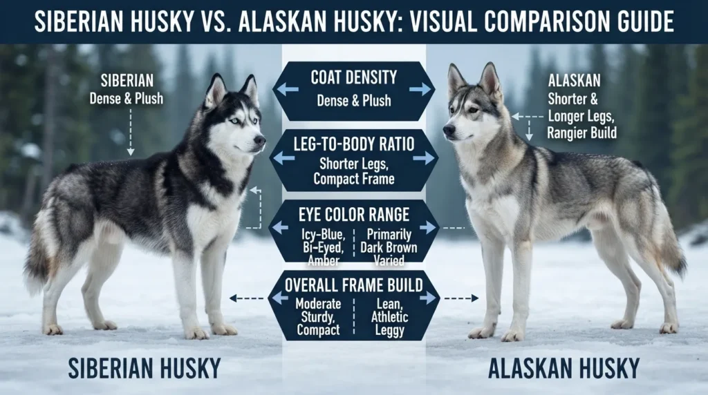 Side-by-side visual comparison showing a purebred Siberian Husky with a plush double coat and blue eyes next to a leaner, longer-legged Alaskan Husky working dog.