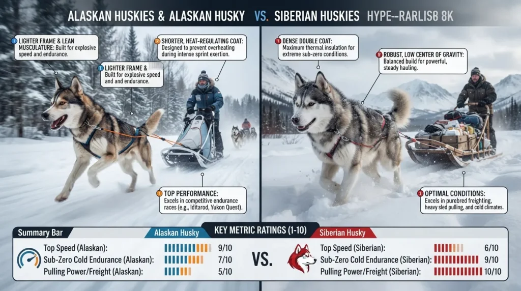 Side-by-side comparison diagram of an Alaskan Husky sprinting in a sled race versus a Siberian Husky pulling a sled in deep snow, illustrating speed and endurance differences.