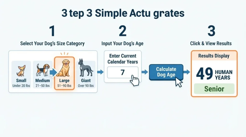 An infographic diagram outlining the three-step process to calculate a dog's age in human years using the dogagescalculator tool, demonstrating with a 7-year-old large dog resulting in 49 human years.