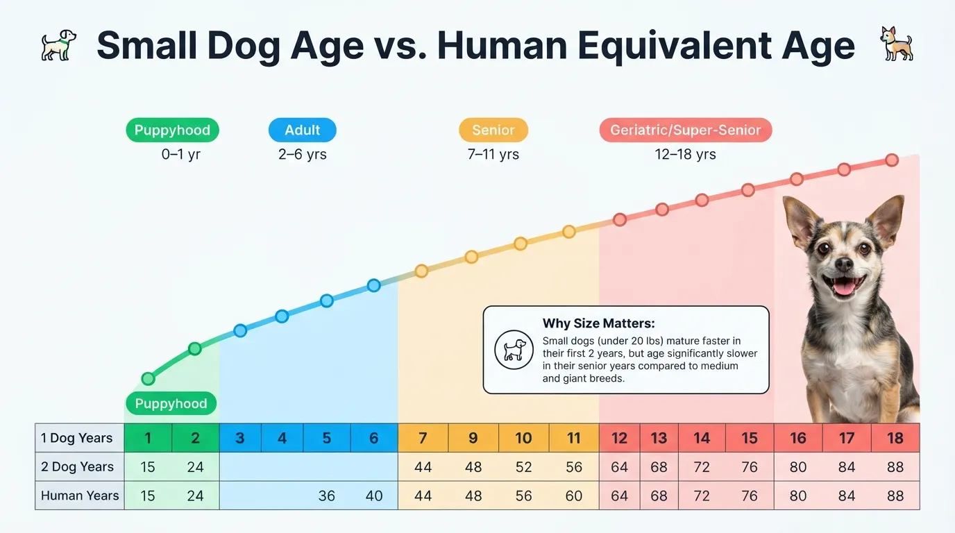 Infographic chart comparing small dog age to human age, showing an 18-year-old small dog equals roughly 88 human years based on size and life stages.