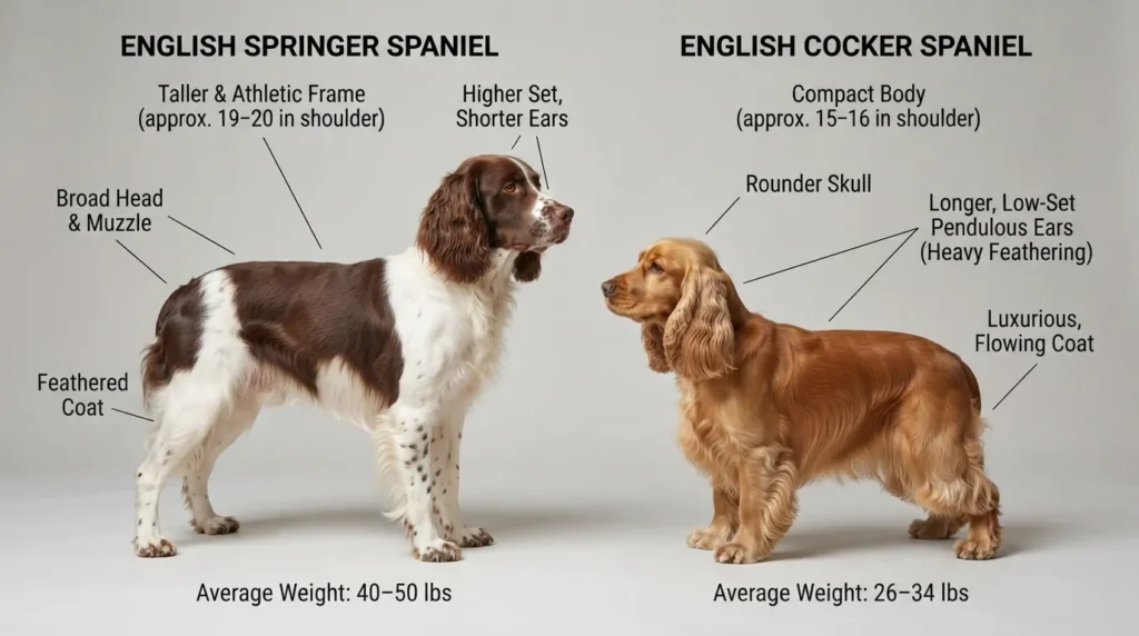 A side-by-side photo comparison of an English Springer Spaniel standing next to an English Cocker Spaniel, highlighting their differences in height, ear length, coat texture, and muzzle shape.