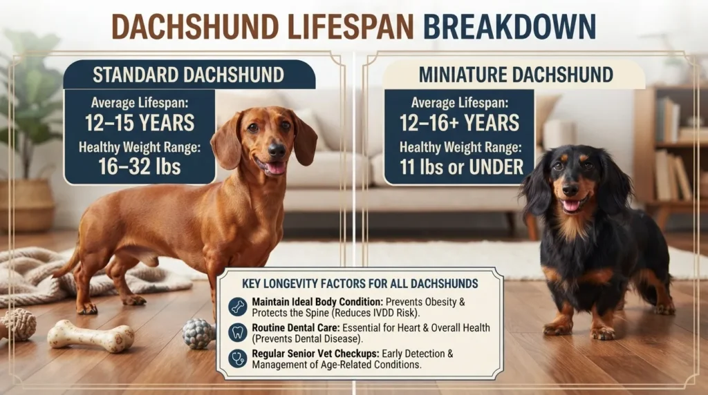 An informative infographic detailing the lifespan breakdown and healthy weight guidelines for Standard and Miniature Dachshunds, including longevity tips.