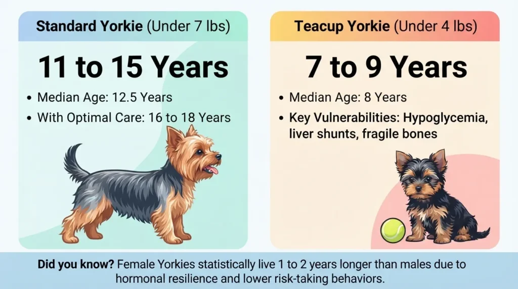 An informative infographic comparing Standard Yorkie lifespans (11 to 15 years) and Teacup Yorkie lifespans (7 to 9 years), detailing key health vulnerabilities, median ages, and gender lifespan differences.