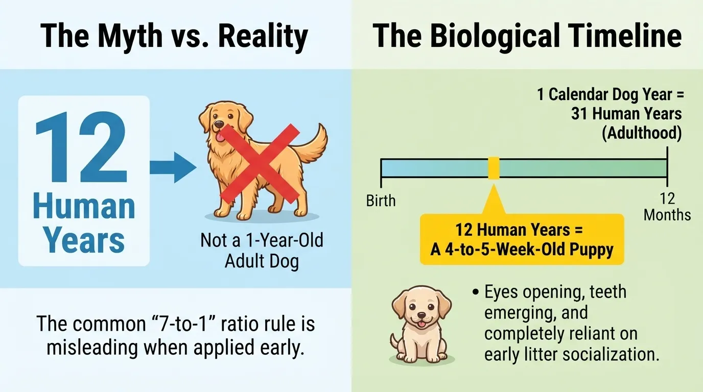 An educational infographic by Dog Ages Calculator illustrating the myth versus biological reality of canine aging, highlighting that 12 human years is biologically equivalent to a 4-to-5-week-old puppy.