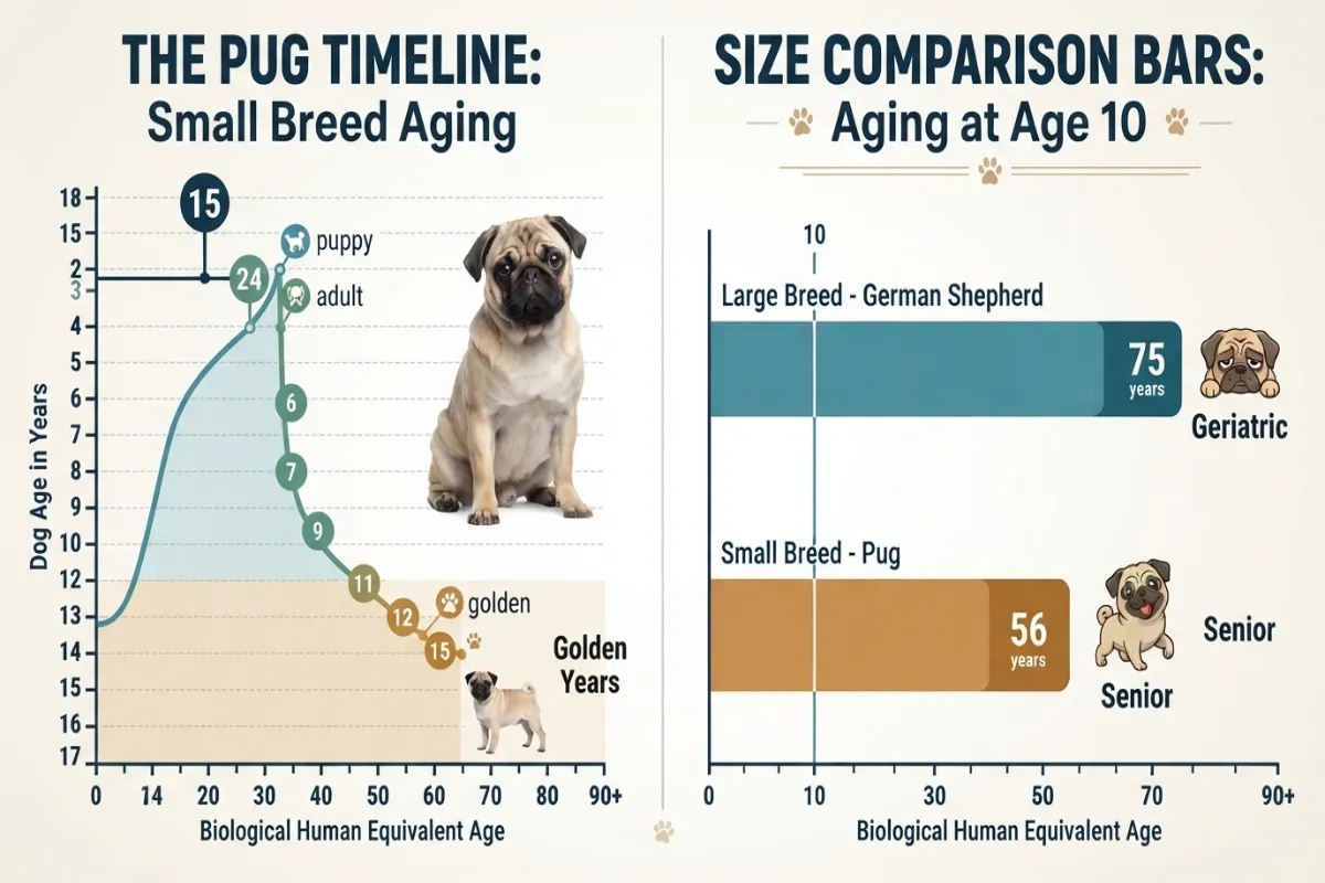 An infographic from dogagescalculator comparing a small breed Pug's aging timeline and biological human equivalent age to a large breed German Shepherd at age 10.