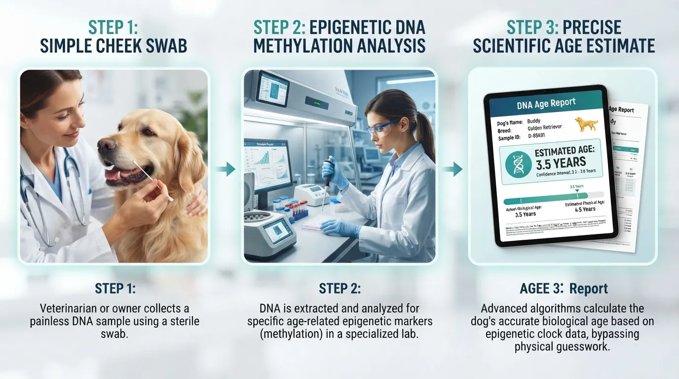 An infographic detailing the three steps of canine epigenetic DNA analysis: Step 1 shows a vet taking a cheek swab of a Golden Retriever, Step 2 displays a lab technician processing the DNA sample, and Step 3 shows a digital DNA Age Report with an estimated age of 3.5 years.