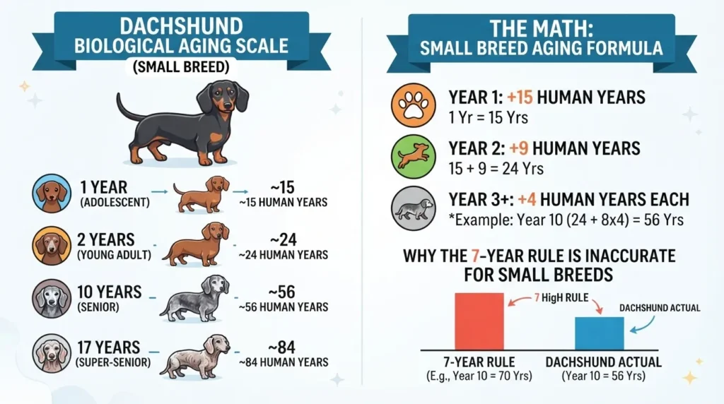 An infographic explaining the Dachshund biological aging scale and small breed aging formula by dogagescalculator, detailing how small dog years compare to human years.