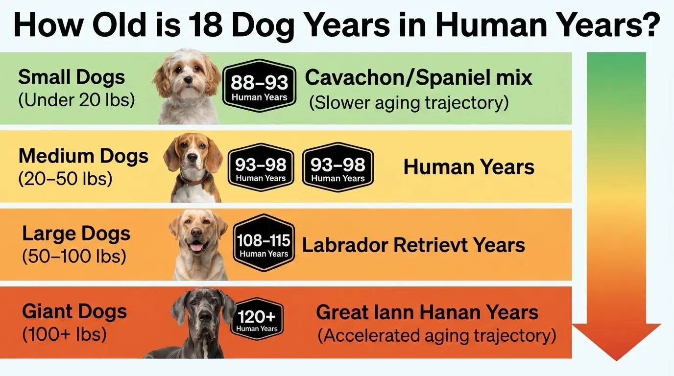 An infographic chart displaying how 18 dog years translates to human years across small, medium, large, and giant dog breed categories.