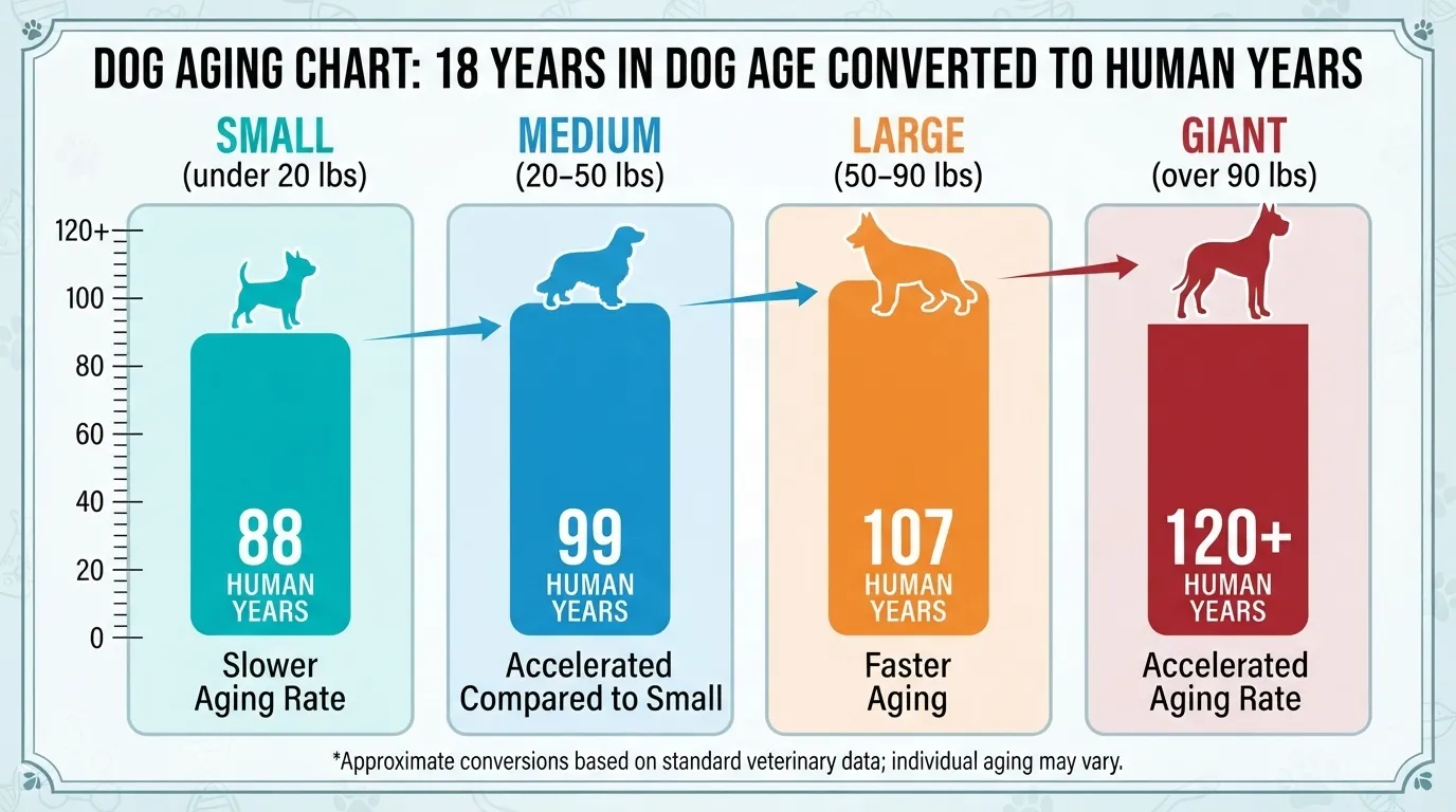 An infographic chart displaying dog aging conversions at 18 dog years, categorizing small dogs at 88 human years, medium at 99, large at 107, and giant at over 120 human years.