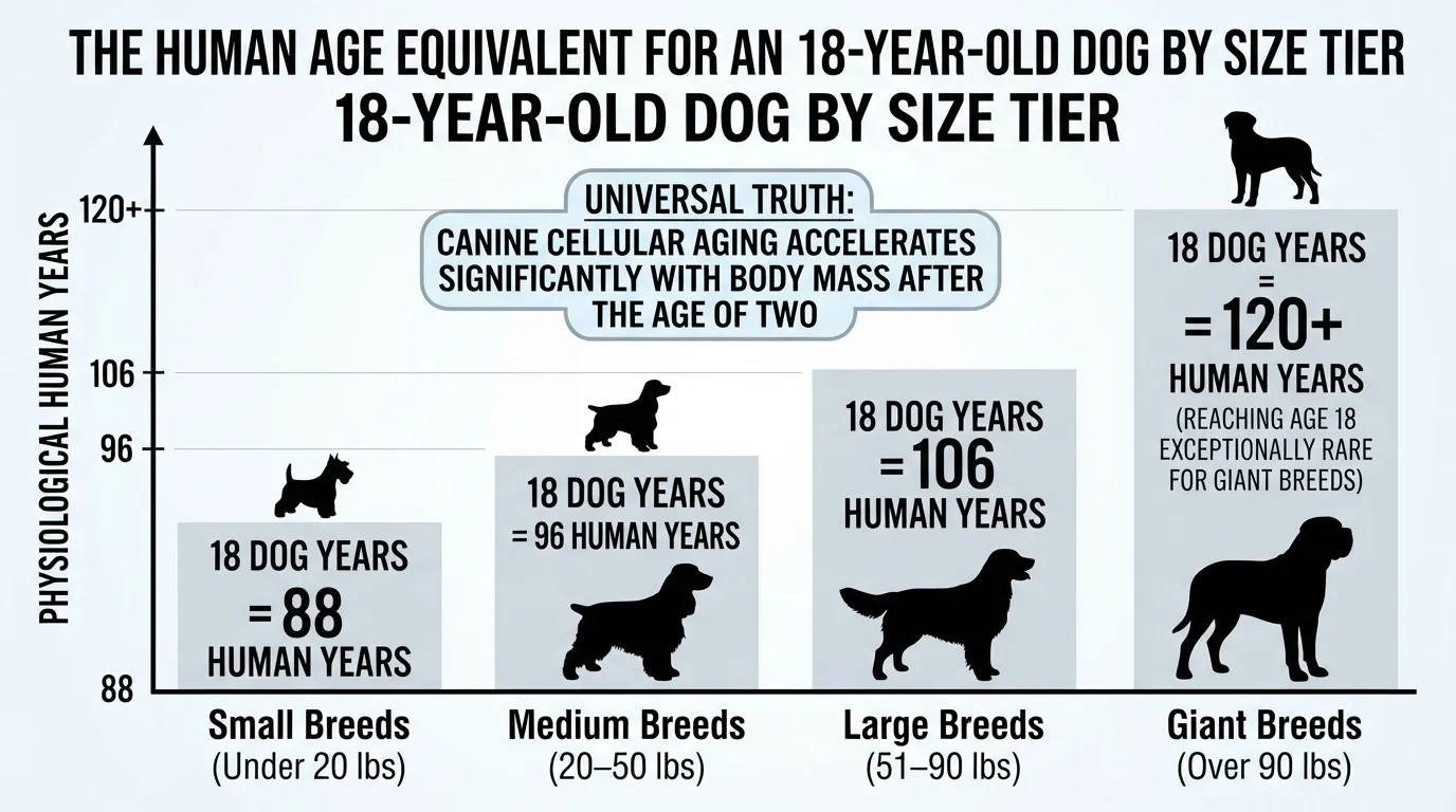 An informative infographic from dogagescalculator showing how an 18-year-old dog's human age equivalent varies by size tier: small breeds equal 88 human years, medium breeds equal 96, large breeds equal 106, and giant breeds equal 120+.