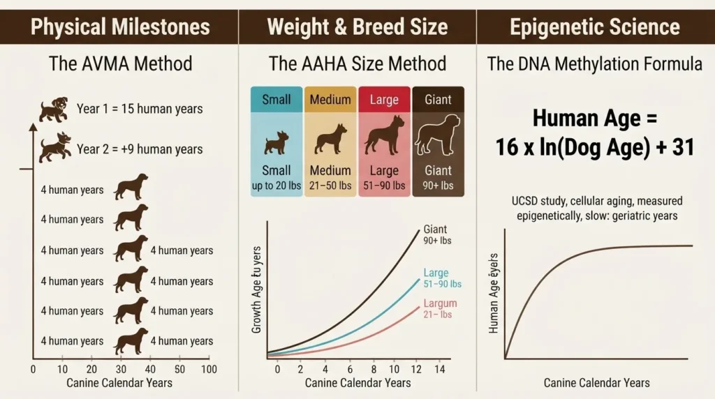 An infographic comparing three dog age calculation methods: Physical Milestones (AVMA Method), Weight & Breed Size (AAHA Size Method), and Epigenetic Science (DNA Methylation Formula) for Toronto dog owners.