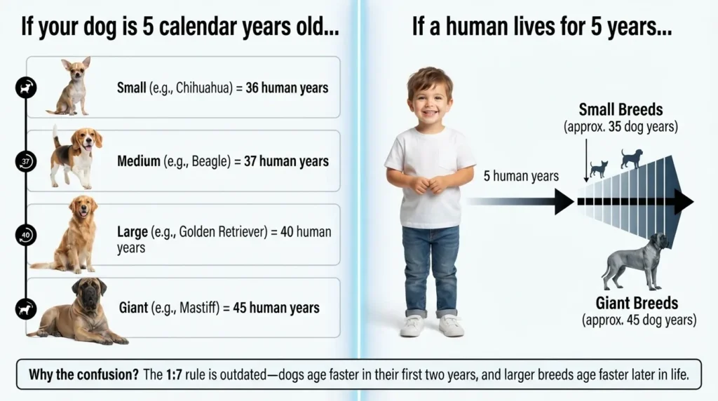 Infographic explaining dog age conversion for different breed sizes, comparing 5 calendar years to human years for small, medium, large, and giant dogs.