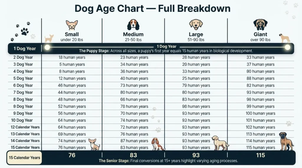 A comprehensive dog age chart breakdown by dogagescalculator comparing dog years to human years for small, medium, large, and giant breeds.
