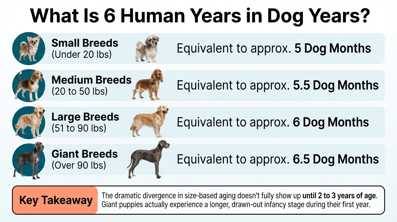 An informative infographic chart titled 'What Is 6 Human Years in Dog Years?' detailing age conversions for small, medium, large, and giant dog breeds.