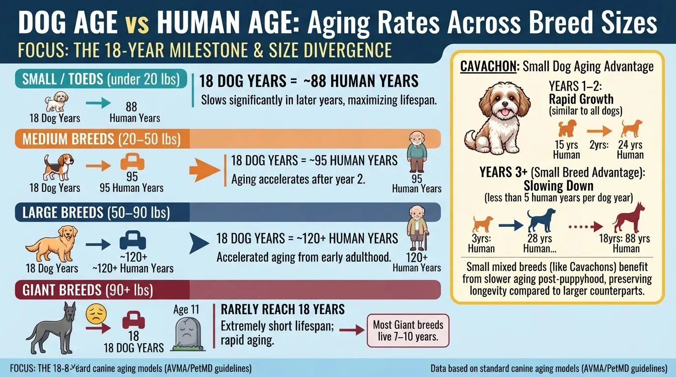 Comparison chart showing dog years to human years by breed size, highlighting an 18-year-old Cavachon as a senior small-breed dog equivalent to roughly 88 human years.