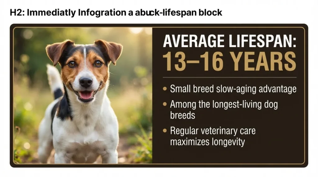 An infographic by dogagescalculator featuring a Jack Russell Terrier and text showing an average lifespan of 13 to 16 years for small dog breeds.