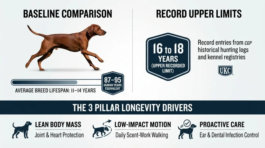 An infographic highlighting canine baseline lifespan vs record upper limits (11-14 years average up to 16-18 years), highlighting 3 pillar longevity drivers: Lean Body Mass, Low-Impact Motion, and Proactive Care.