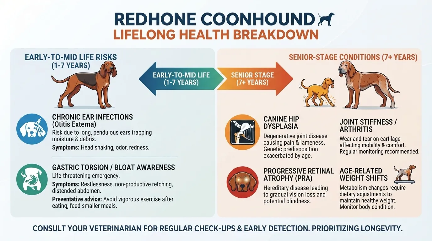 An informative infographic detailing the Redbone Coonhound's lifelong health risks across two key stages: early-to-mid life (1-7 years) and senior stage (7+ years), highlighting conditions like chronic ear infections, gastric torsion, canine hip dysplasia, joint stiffness, progressive retinal atrophy, and age-related weight shifts.