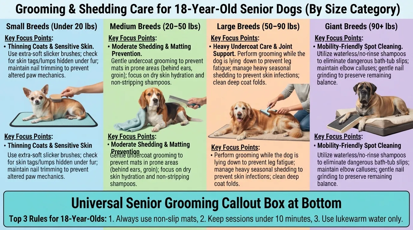 An infographic titled 'Grooming & Shedding Care for 18-Year-Old Senior Dogs (By Size Category)' showcasing four columns for Small, Medium, Large, and Giant breeds with corresponding dog illustrations (Chihuahua, Beagle, Golden Retriever, and Mastiff) and tailored grooming advice. A teal callout box at the bottom lists three universal rules for senior grooming: non-slip mats, under 10 minutes, and lukewarm water.