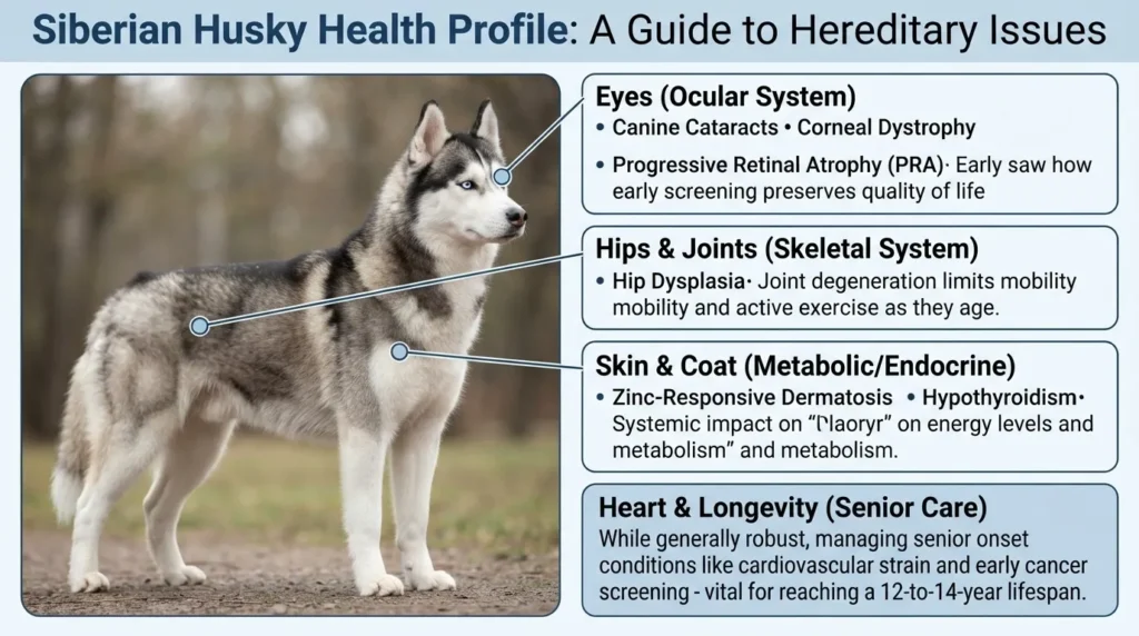 Siberian Husky Health Profile infographic highlighting hereditary issues like eye diseases, hip dysplasia, skin conditions, and senior care, designed for dog owners in Toronto.