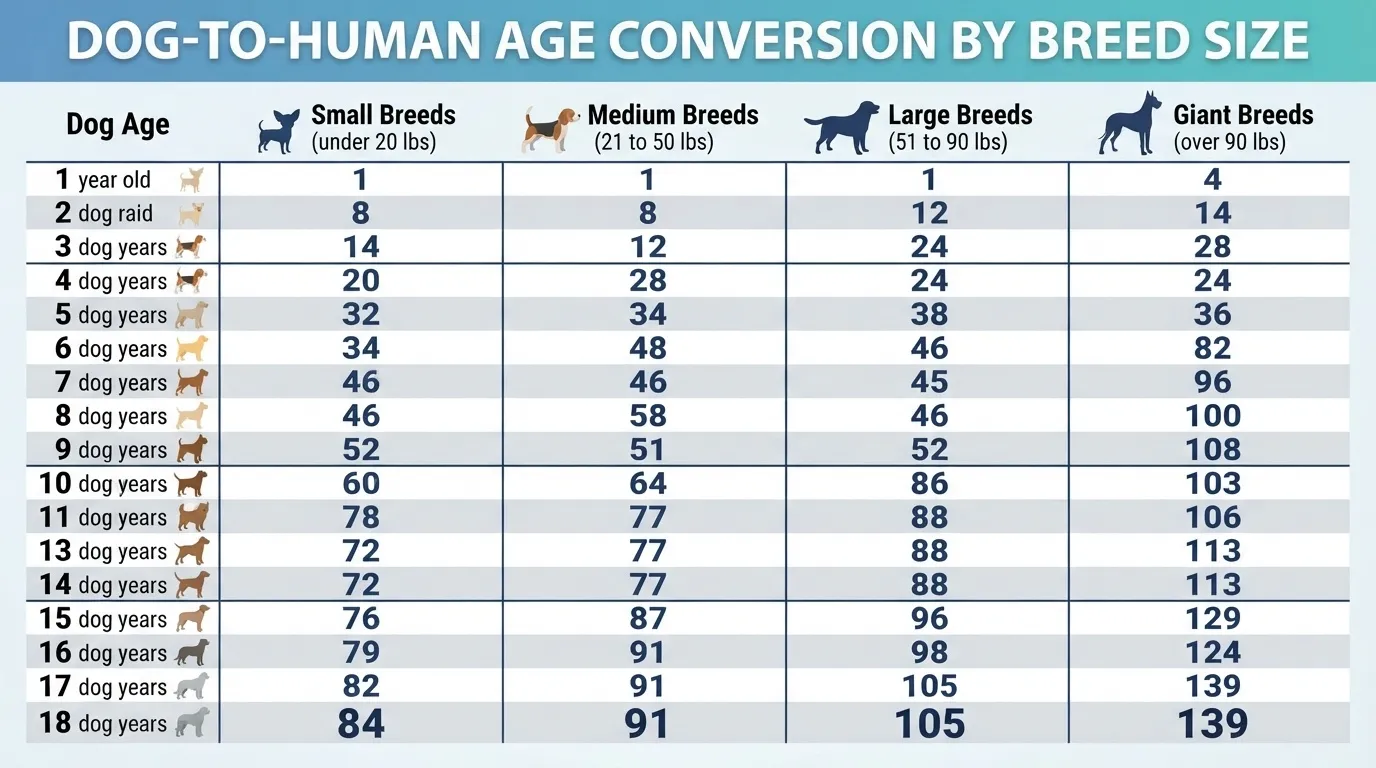 An informative chart displaying dog-to-human age conversion rates based on small, medium, large, and giant breed sizes from ages 1 to 18.
