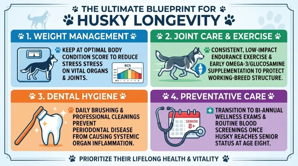 An educational infographic titled 'The Ultimate Blueprint for Husky Longevity' by Dog Ages Calculator, featuring four sections: Weight Management, Joint Care & Exercise, Dental Hygiene, and Preventative Care for senior dogs.