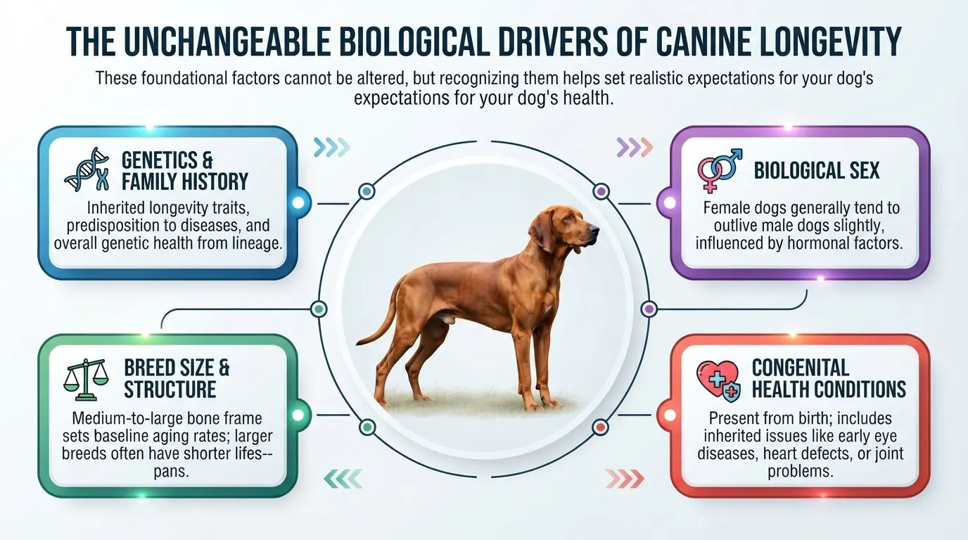 An educational infographic by Dog Ages Calculator explaining the four unchangeable biological drivers of canine longevity: Genetics & Family History, Biological Sex, Breed Size & Structure, and Congenital Health Conditions, with a dog pictured in the center.