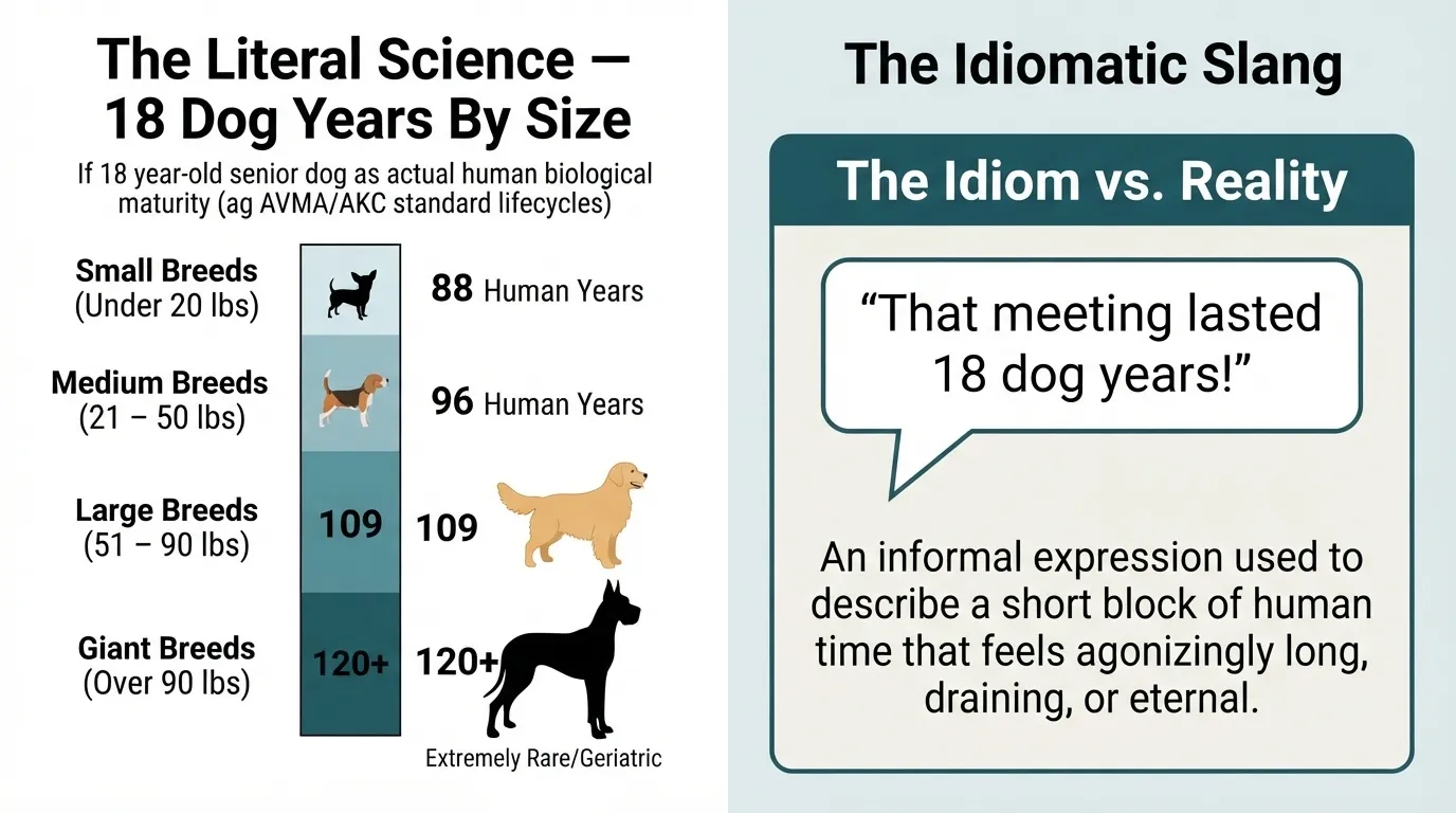 An infographic comparing the literal science of 18 dog years by breed size to the idiomatic slang term. It lists small breeds at 88 human years, medium breeds at 96, large breeds at 109, and giant breeds at over 120 human years.