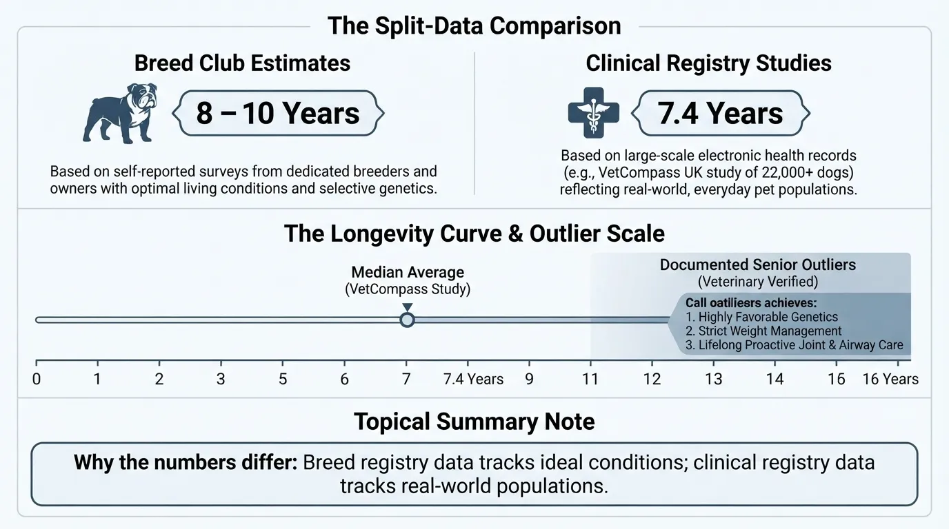 An educational infographic comparing bulldog lifespan data, showing Breed Club Estimates of 8-10 years versus Clinical Registry Studies pointing to a 7.4-year average, along with a longevity curve detailing outlier factors.