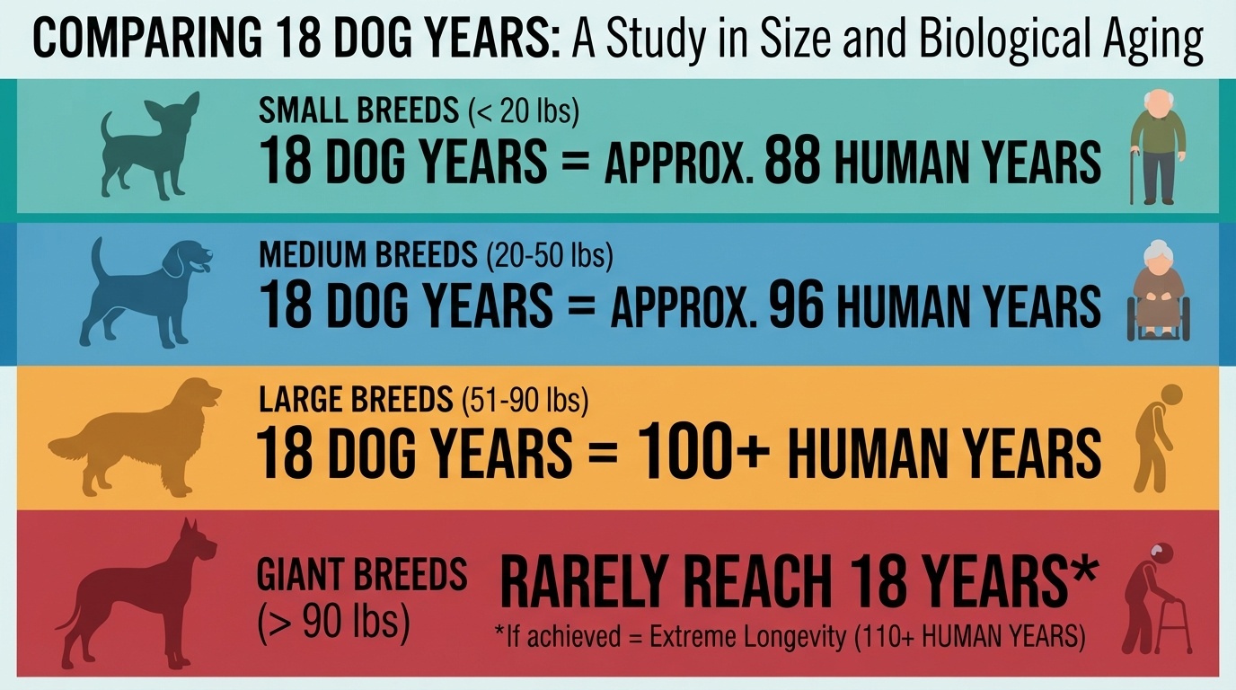 An infographic by dogagescalculator comparing 18 dog years to human years across four breed sizes: Small (90 lbs = rarely reach 18, 110+ human years if achieved).