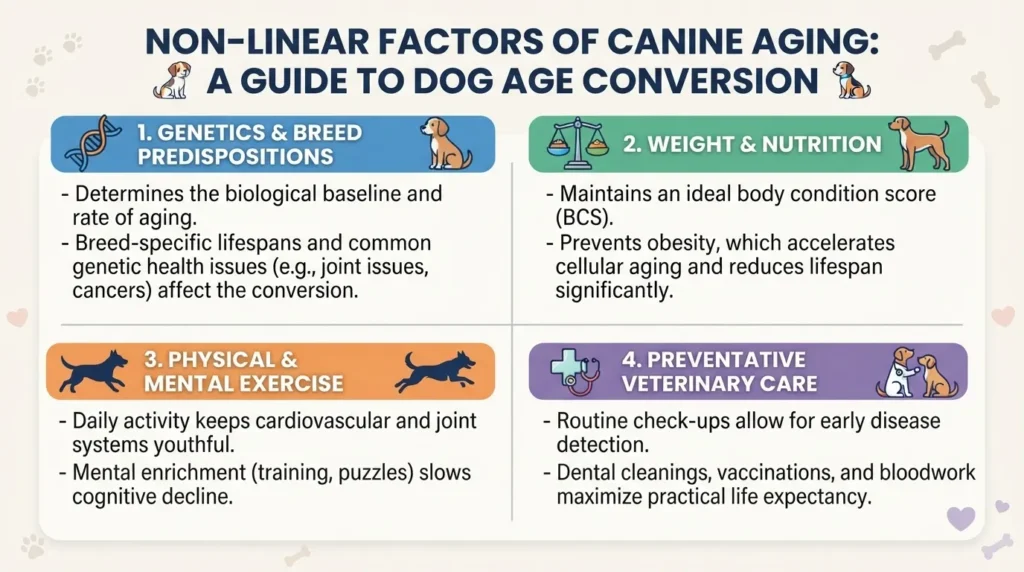 An informative infographic titled 'Non-Linear Factors of Canine Aging: A Guide to Dog Age Conversion' by dogagescalculator, detailing how genetics, weight, exercise, and veterinary care impact a dog's biological age.