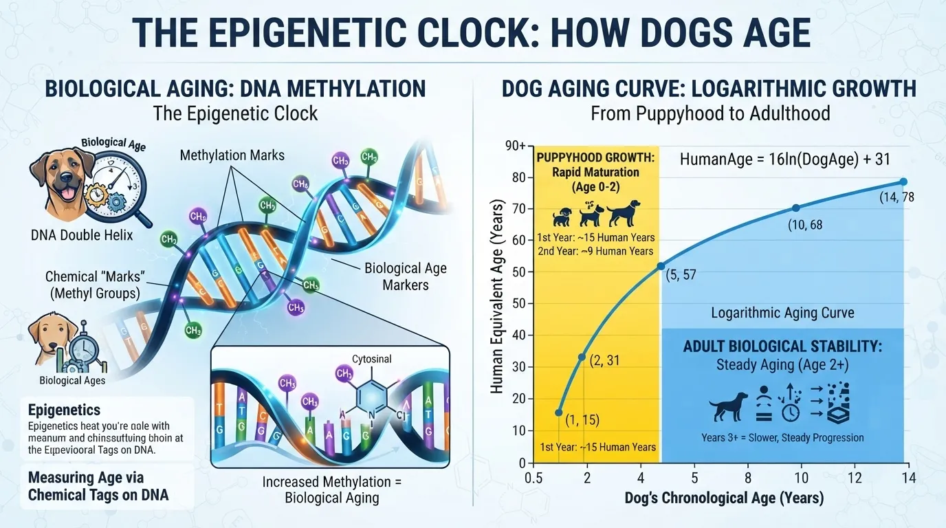 An infographic titled 'The Epigenetic Clock: How Dogs Age' illustrating DNA methylation biological aging alongside a logarithmic dog aging curve chart comparing human equivalent years to chronological dog years.