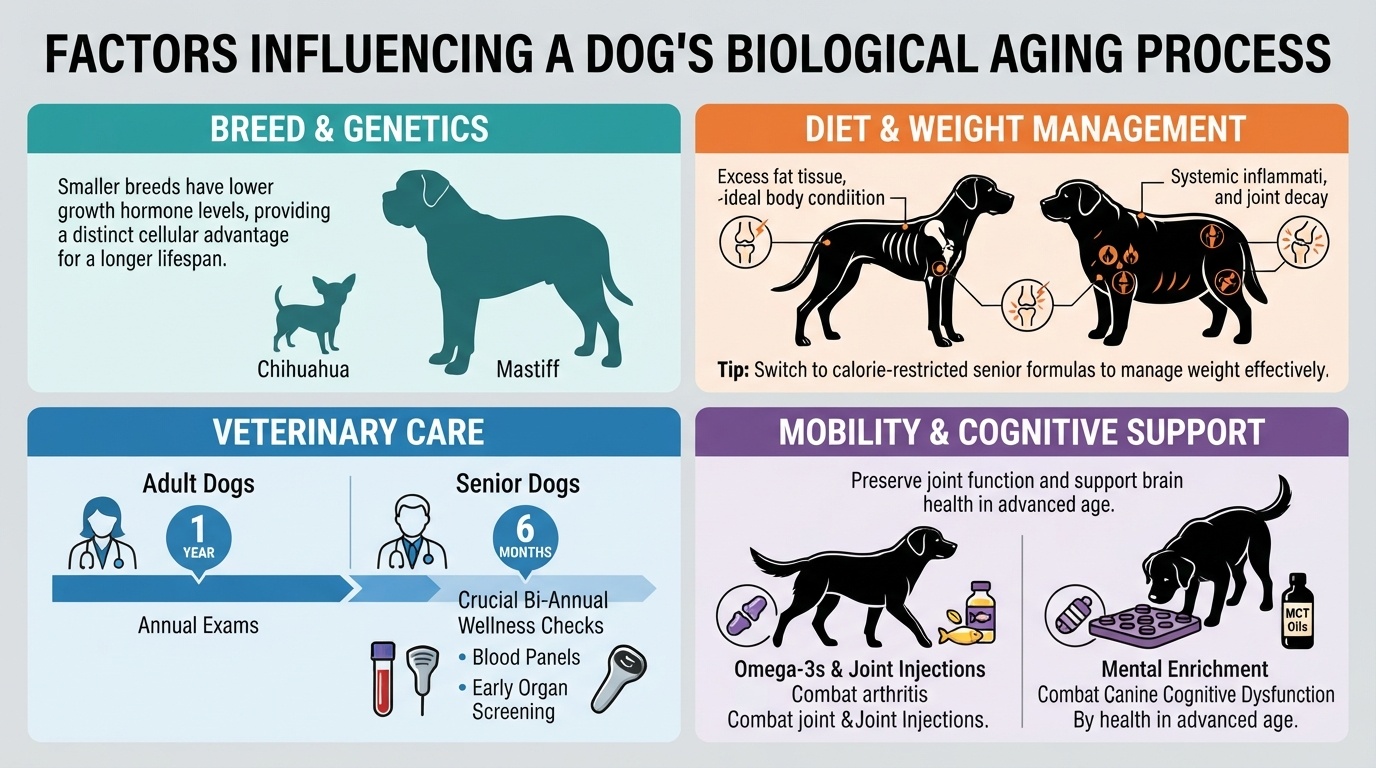 An educational infographic titled 'Factors Influencing a Dog's Biological Aging Process' by dogagescalculator, detailing breed genetics, diet and weight management, veterinary care timelines, and mobility/cognitive support for dogs.