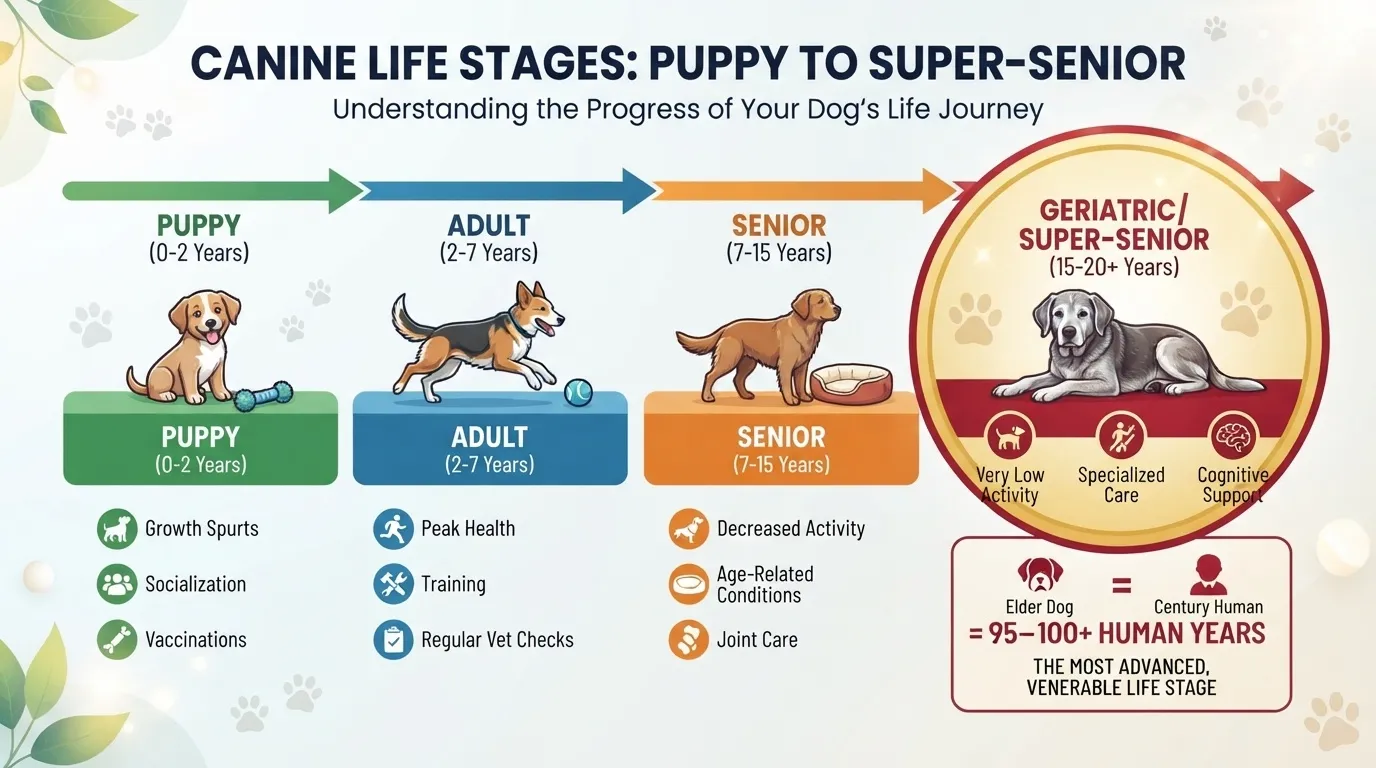 An infographic titled Canine Life Stages: Puppy to Super-Senior illustrating the four key developmental phases of a dog's life with age ranges, developmental characteristics, and health focus areas.